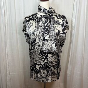 St. John 100% Silk Floral Sheath Blouse & Scarf Black Ivory Size 10‎